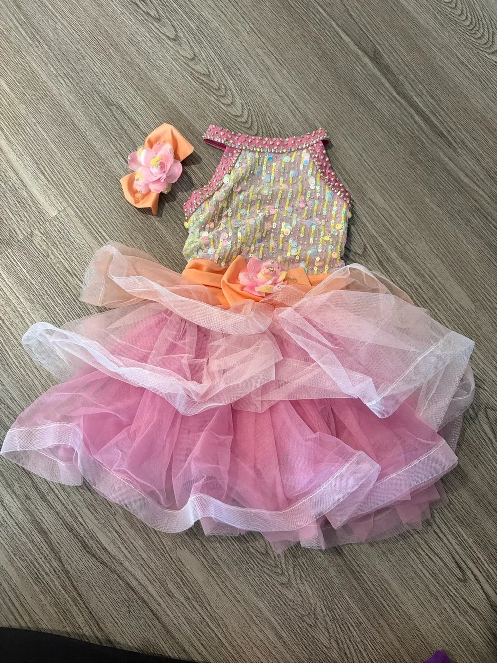 Weissman Pink and Peach Sequin Tulle Dance Costume with Floral Accents